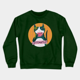 Catfeinated Cat Pun Cute Whimsical Drawing Crewneck Sweatshirt